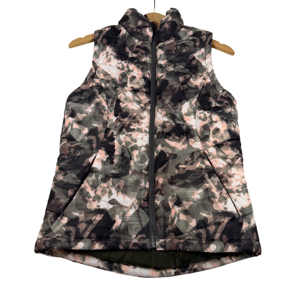DSG Womens Puffer Vest XS Green Pink Abstract Camo Full Zip Quilted Outdoor XS